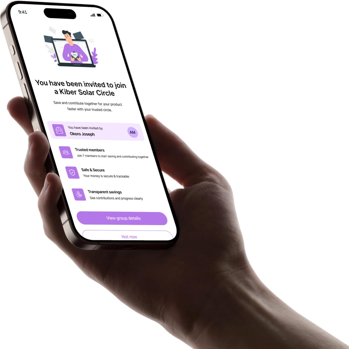Sandi AI savings invitation app screen held in hand
